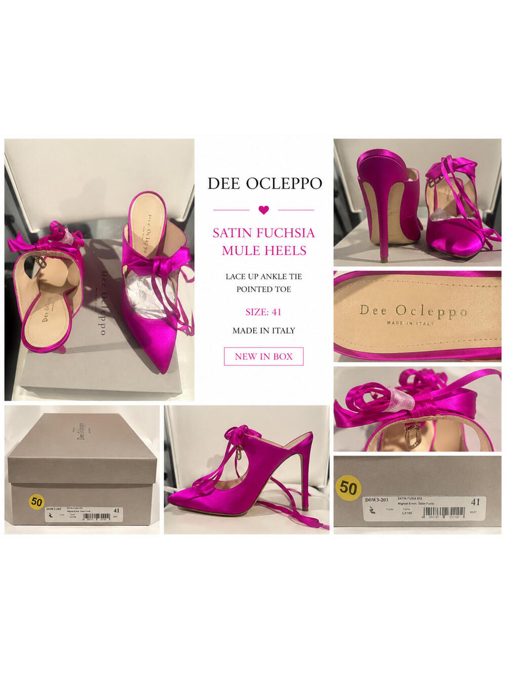 Dee Ocleppo Satin Fuchsia Lace Up Mule Heels Size 41 Pink Pointed Toe Pumps